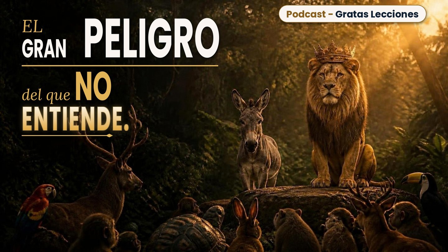 Portada del podcast: El gran peligro del que no entiende... Un león con corona, un burro y los animales de la selva