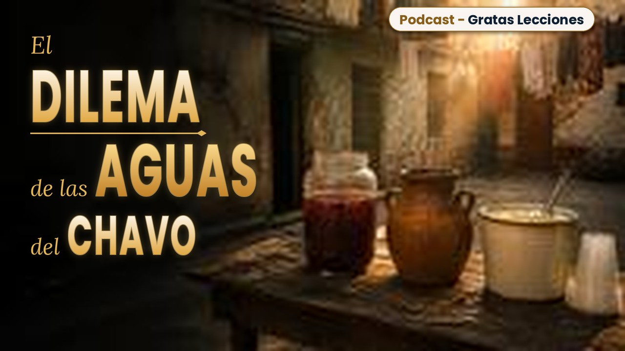Portada del podcast: El dilema de las aguas del Chavo. Tres recipientes con aguas de sabores sobre una mesa de vecindad