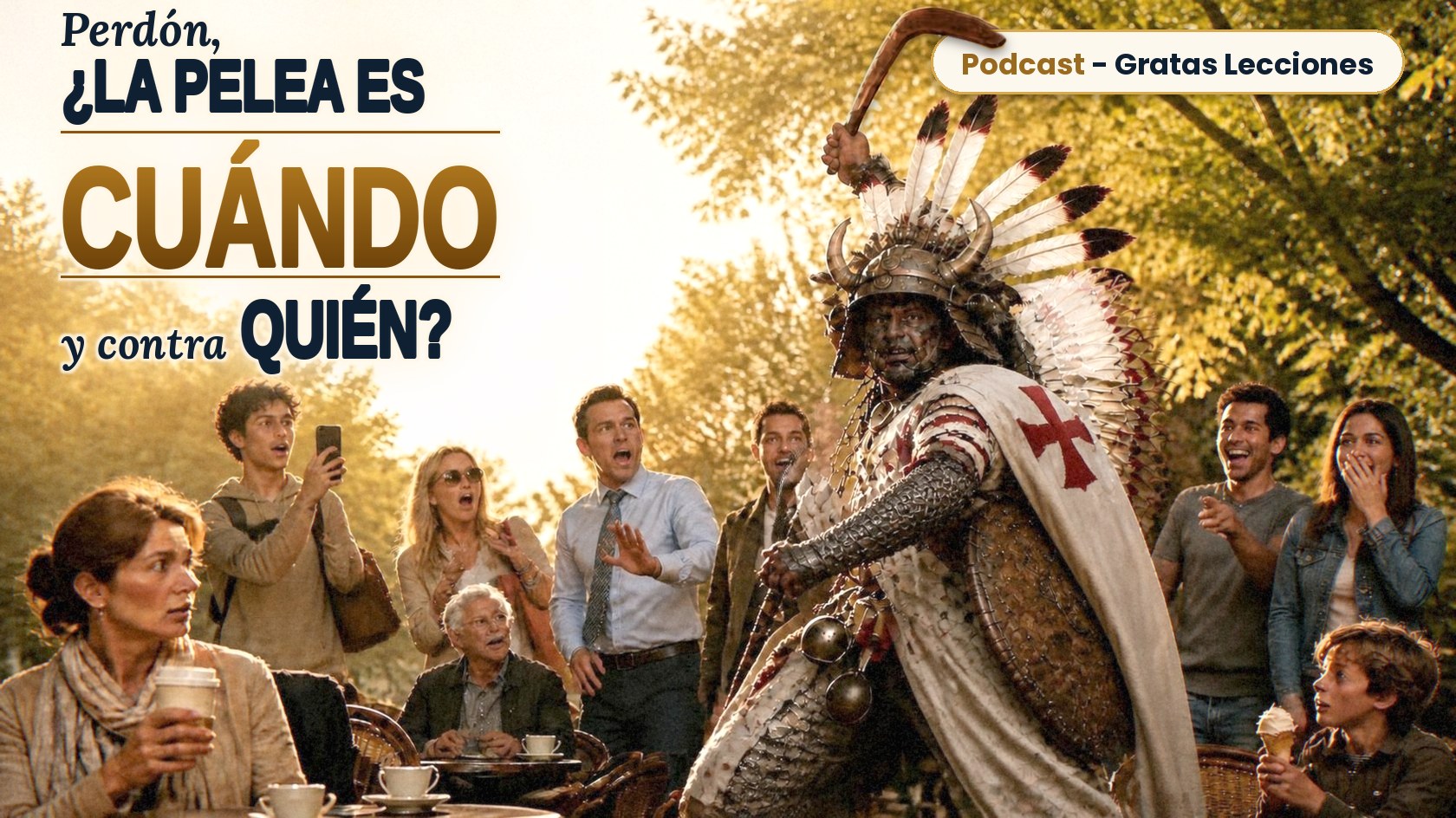Portada del podcast: Perdón, ¿la pelea es cuándo y contra quién? Un hombre cargado con armas y armaduras de muchas épocas, rodeado de gente sorprendida y burlona